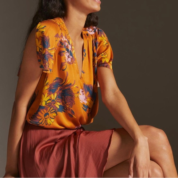 Anthropologie Tops - Anthropologie Tiny Knit Wrap Top Size Large Mustard Floral